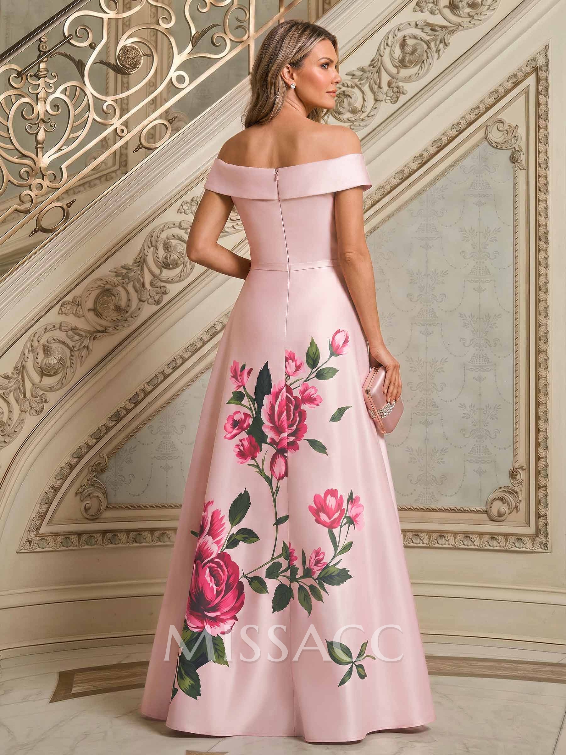 A-Line Off-The-Shoulder Sleeveless Floor-Length Satin Mother Of The Bride Dresses With Floral-Print