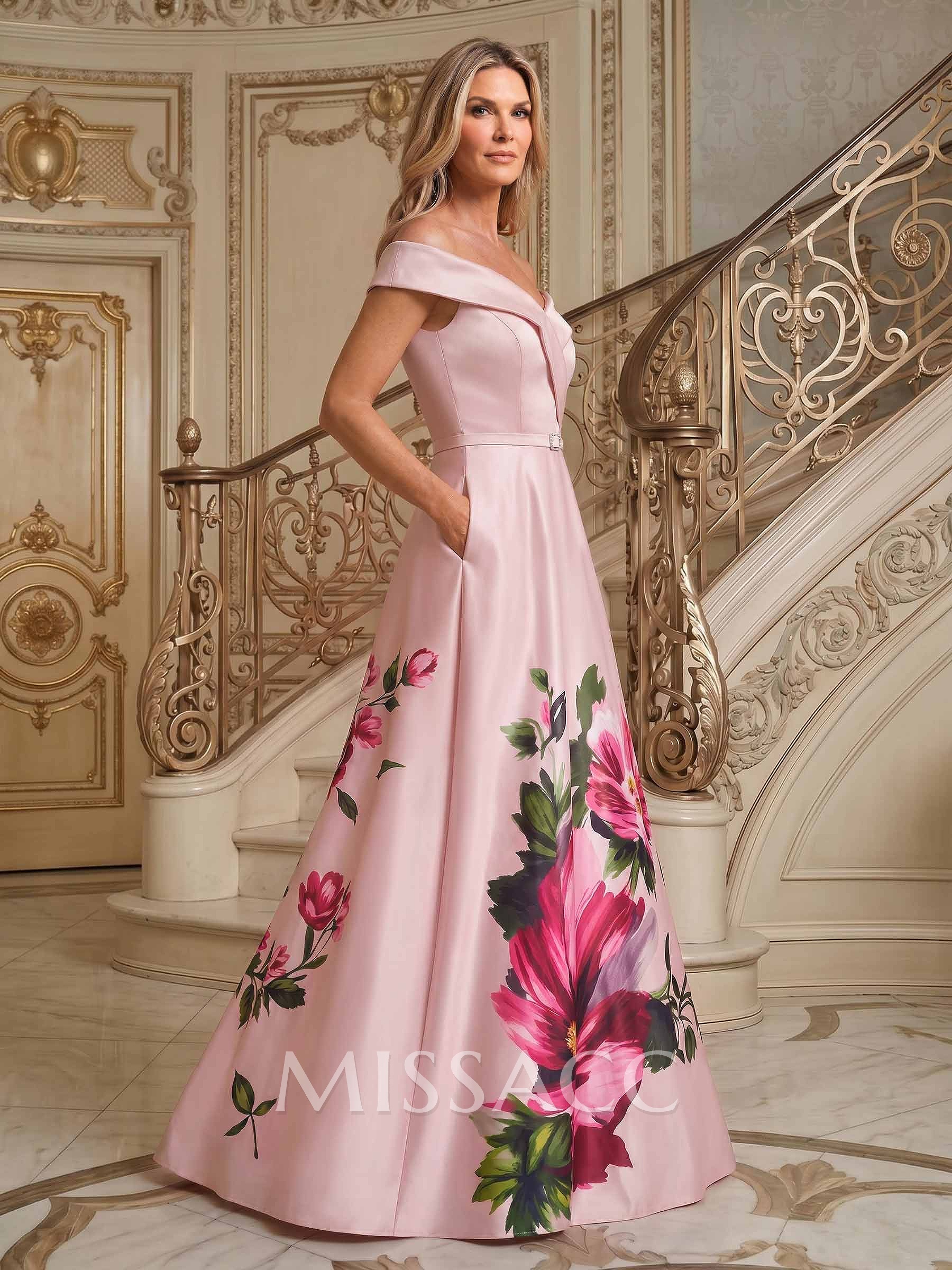 A-Line Off-The-Shoulder Sleeveless Floor-Length Satin Mother Of The Bride Dresses With Floral-Print