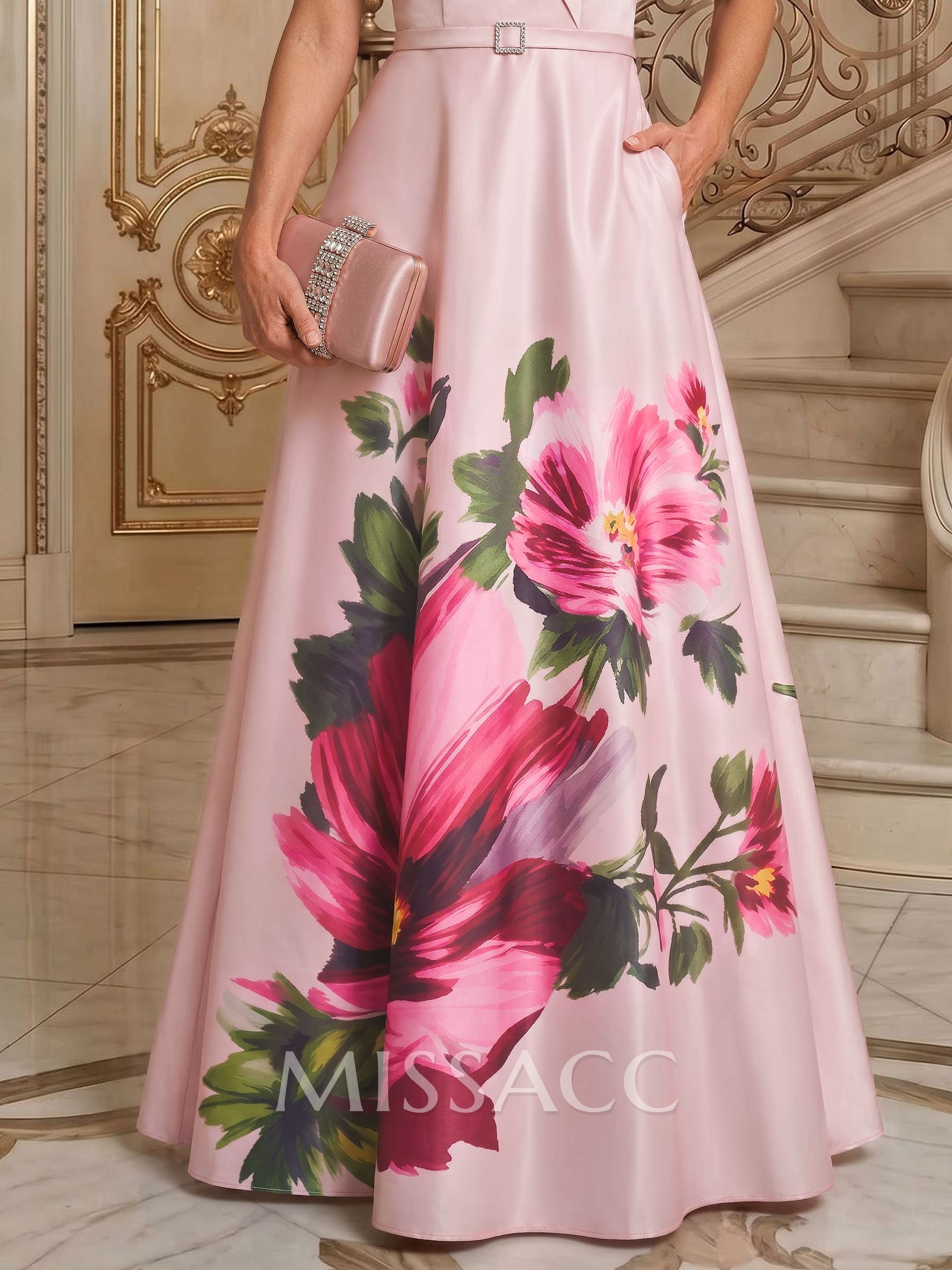 A-Line Off-The-Shoulder Sleeveless Floor-Length Satin Mother Of The Bride Dresses With Floral-Print
