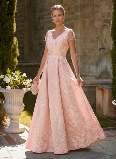A-Line V-Neck Short Sleeves Floor-Length Jacquard Mother Of The Bride Dresses With Beading/Rhinestone
