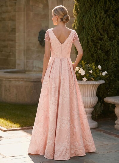 A-Line V-Neck Short Sleeves Floor-Length Jacquard Mother Of The Bride Dresses With Beading/Rhinestone