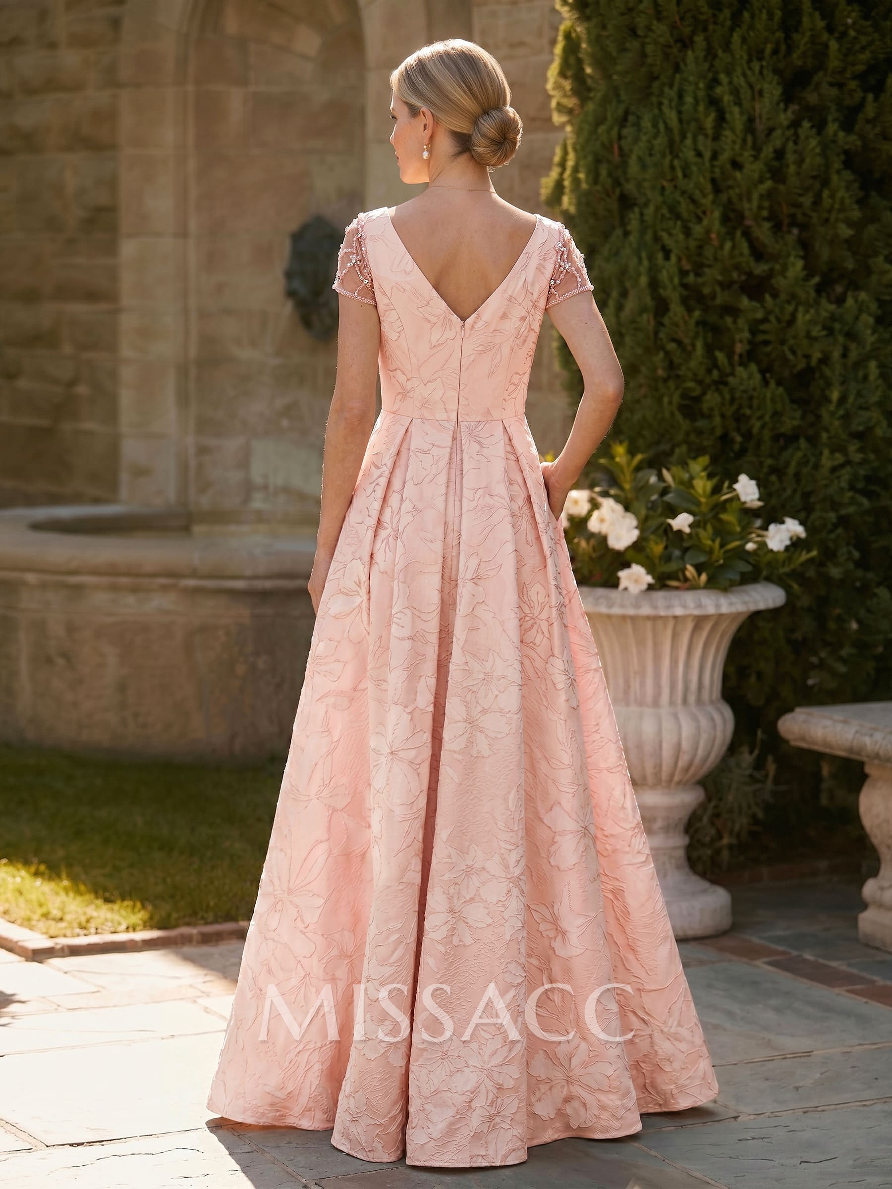 A-Line V-Neck Short Sleeves Floor-Length Jacquard Mother Of The Bride Dresses With Beading/Rhinestone