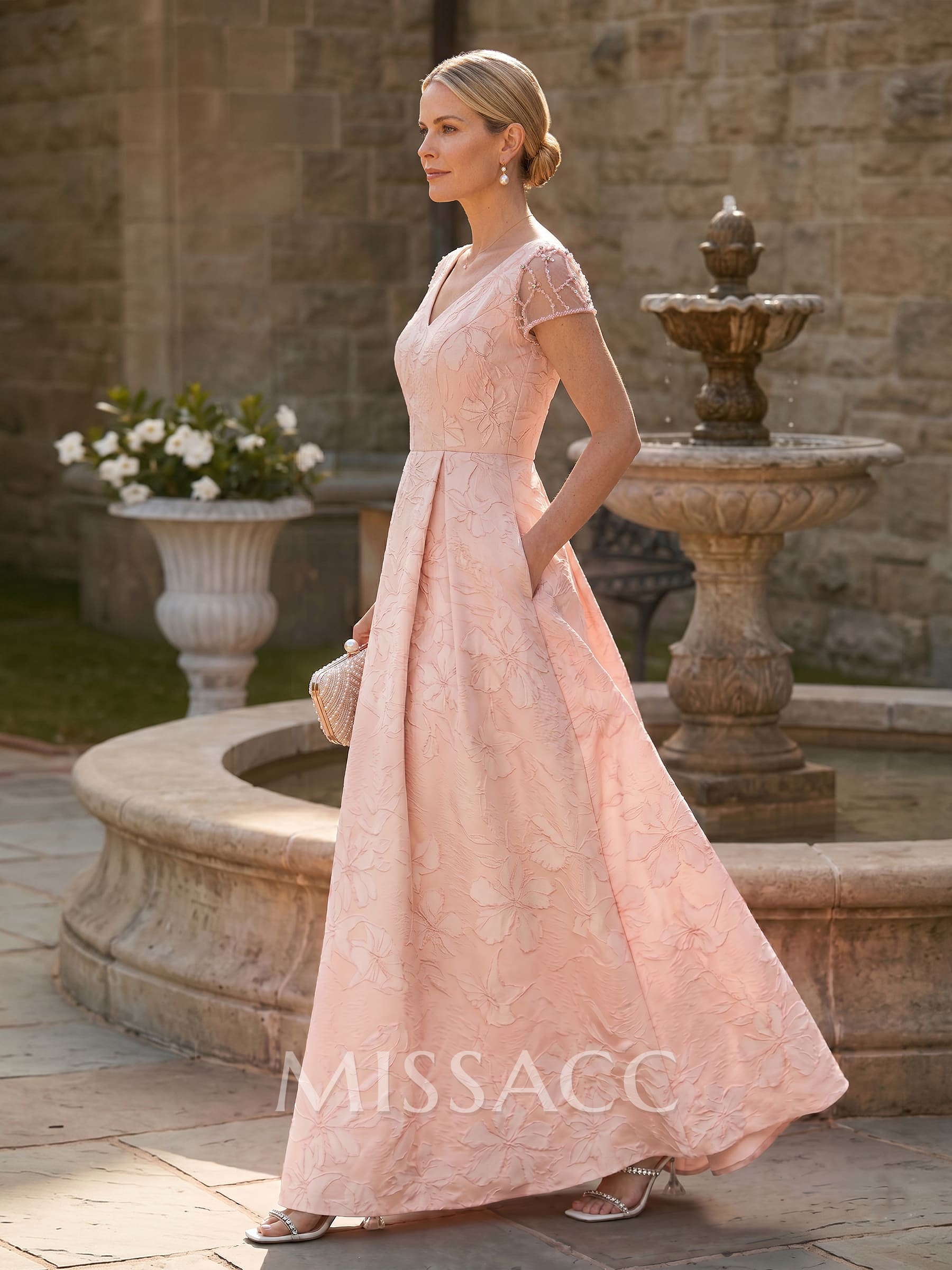 A-Line V-Neck Short Sleeves Floor-Length Jacquard Mother Of The Bride Dresses With Beading/Rhinestone
