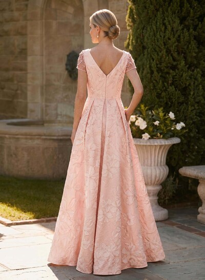 A-Line V-Neck Short Sleeves Floor-Length Jacquard Mother Of The Bride Dresses With Beading/Rhinestone
