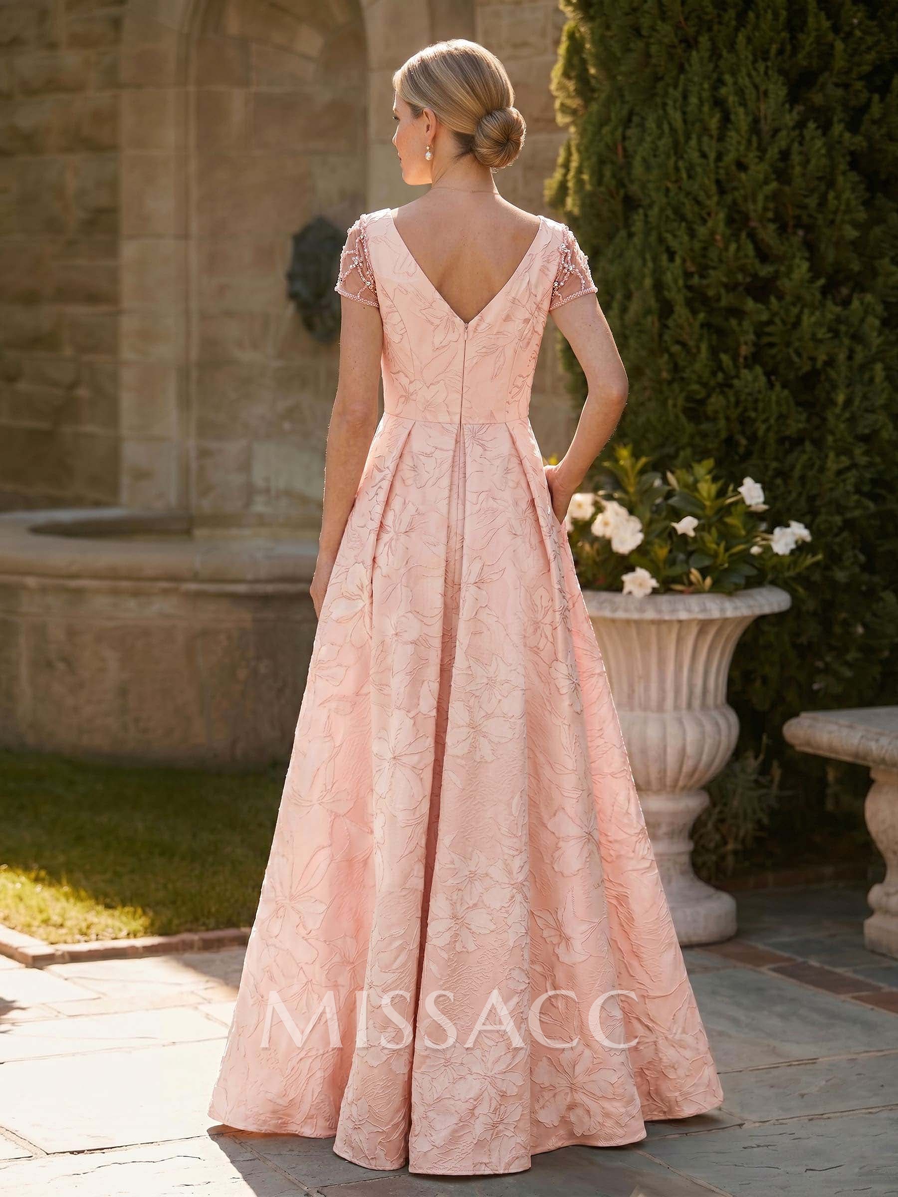 A-Line V-Neck Short Sleeves Floor-Length Jacquard Mother Of The Bride Dresses With Beading/Rhinestone