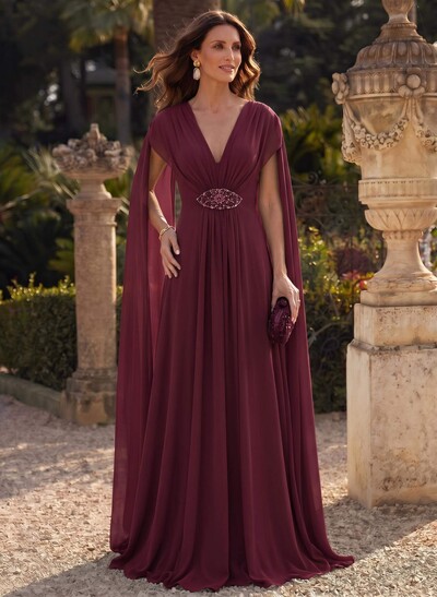 A-Line Plunge Neck Cape Sleeves Sweep Train Chiffon Mother Of The Bride Dresses With Sweeping Side Drape