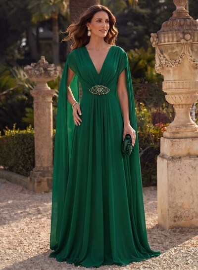 A-Line Plunge Neck Cape Sleeves Sweep Train Chiffon Mother Of The Bride Dresses With Sweeping Side Drape