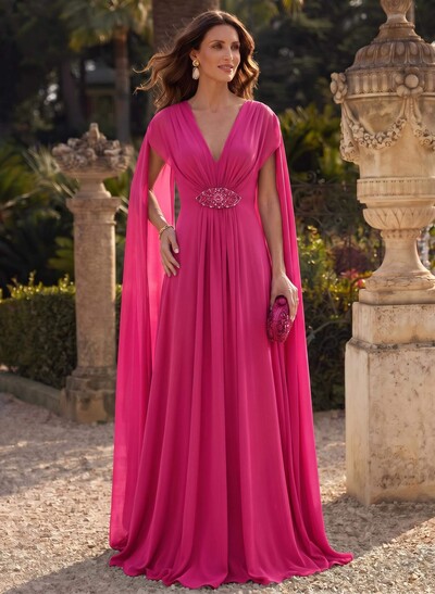 A-Line Plunge Neck Cape Sleeves Sweep Train Chiffon Mother Of The Bride Dresses With Sweeping Side Drape