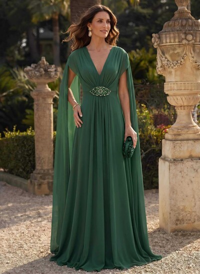 A-Line Plunge Neck Cape Sleeves Sweep Train Chiffon Mother Of The Bride Dresses With Sweeping Side Drape