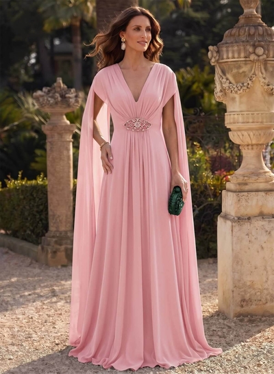 A-Line Plunge Neck Cape Sleeves Sweep Train Chiffon Mother Of The Bride Dresses With Sweeping Side Drape