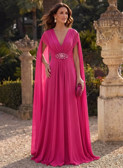 A-Line Plunge Neck Cape Sleeves Sweep Train Chiffon Mother Of The Bride Dresses With Sweeping Side Drape