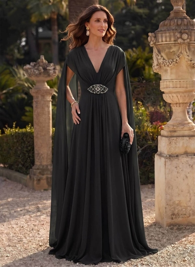 A-Line Plunge Neck Cape Sleeves Sweep Train Chiffon Mother Of The Bride Dresses With Sweeping Side Drape