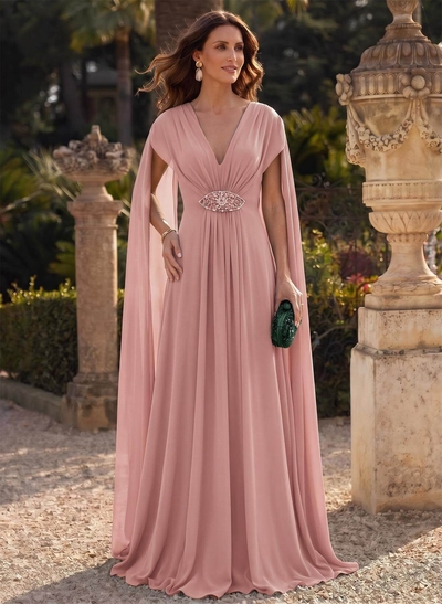 A-Line Plunge Neck Cape Sleeves Sweep Train Chiffon Mother Of The Bride Dresses With Sweeping Side Drape