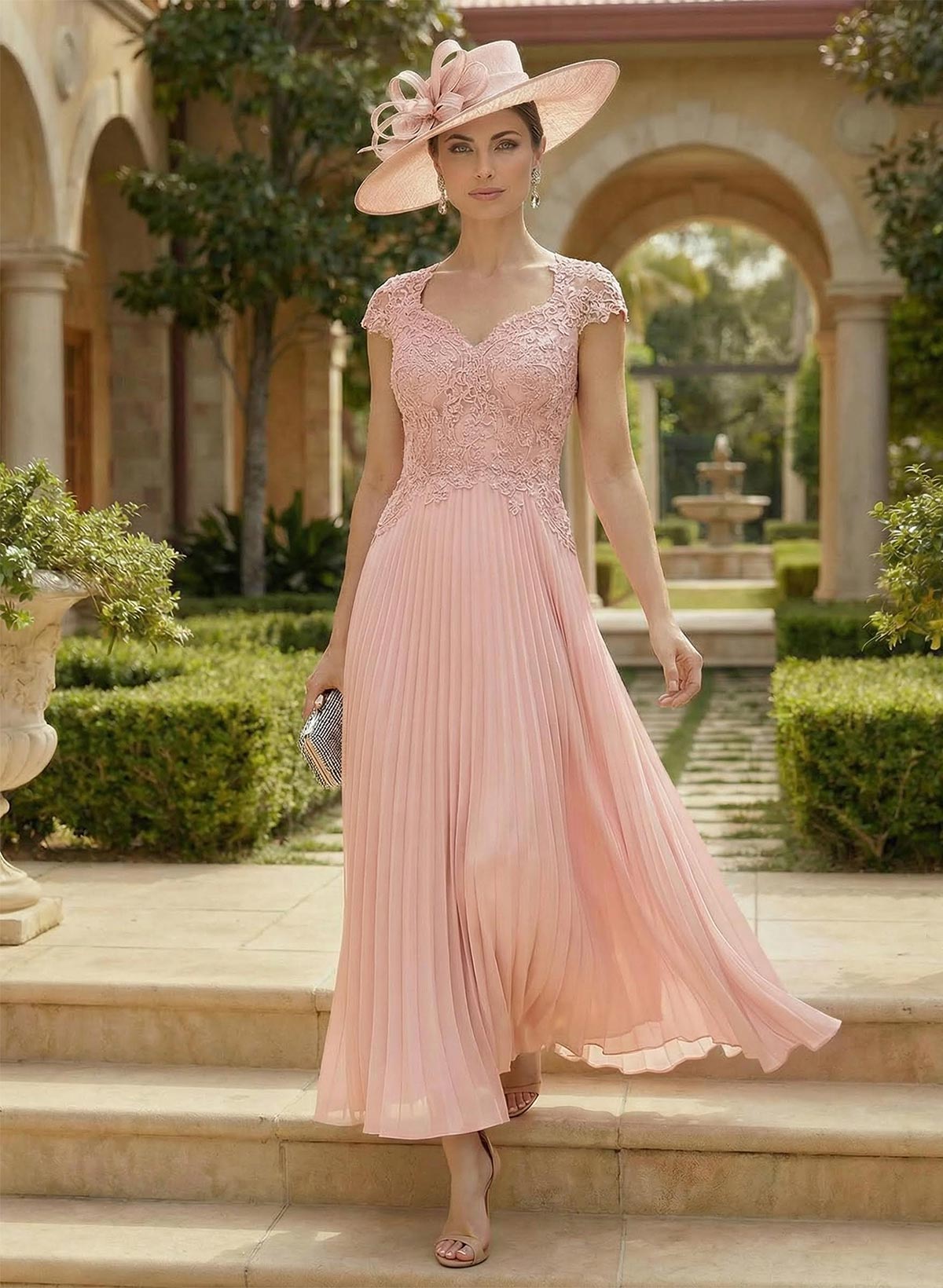 A-Line Sweetheart Short Sleeves Ankle-Length Chiffon Mother Of The Bride Dresses With Pleated/Appliques Lace