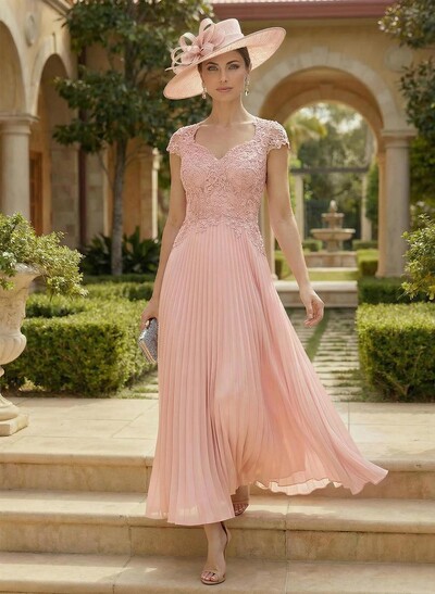 A-Line Sweetheart Short Sleeves Ankle-Length Chiffon Mother Of The Bride Dresses With Pleated/Appliques Lace