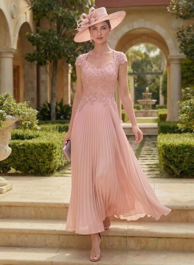 A-Line Sweetheart Short Sleeves Ankle-Length Chiffon Mother Of The Bride Dresses With Pleated/Appliques Lace