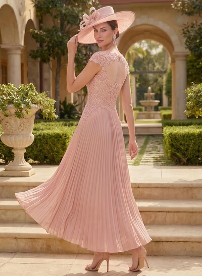 A-Line Sweetheart Short Sleeves Ankle-Length Chiffon Mother Of The Bride Dresses With Pleated/Appliques Lace
