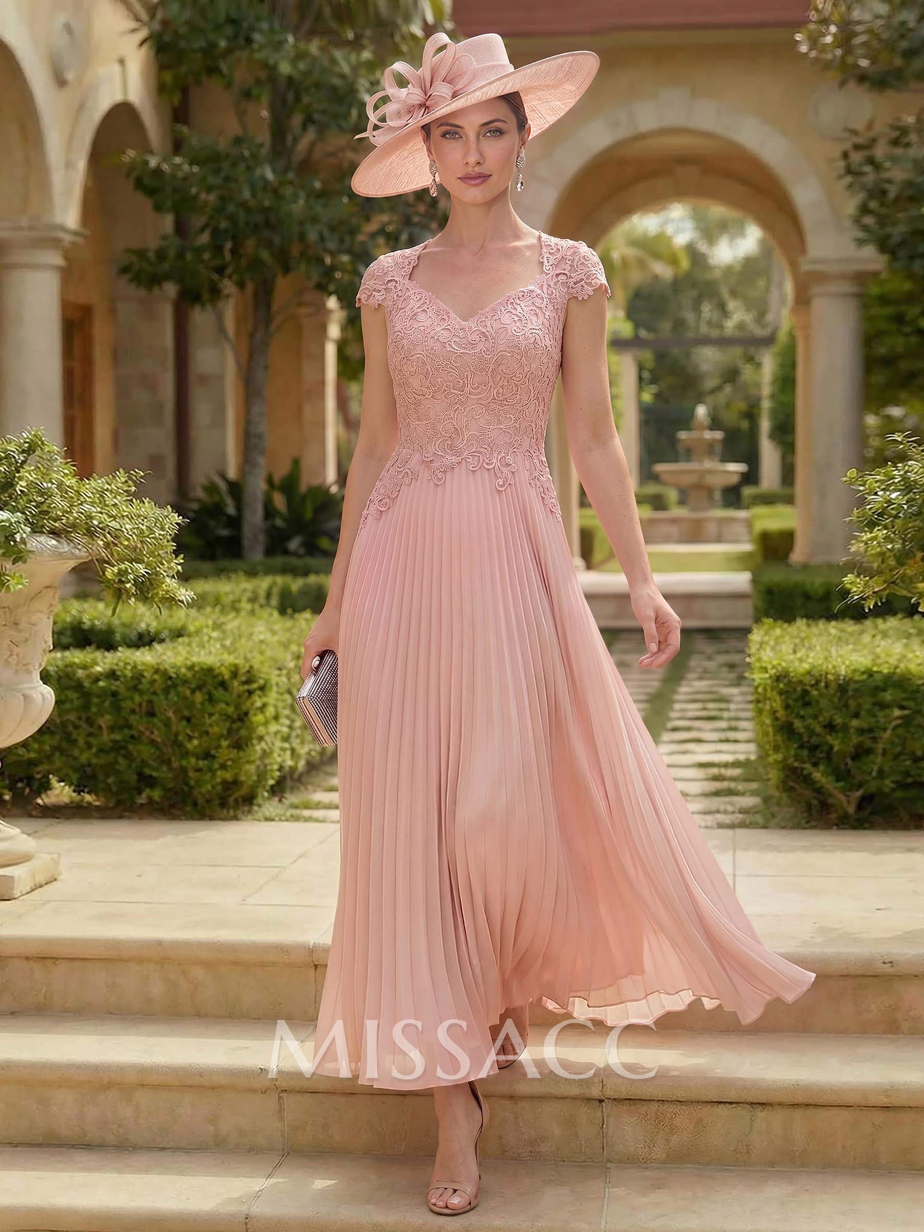 A-Line Sweetheart Short Sleeves Ankle-Length Chiffon Mother Of The Bride Dresses With Pleated/Appliques Lace