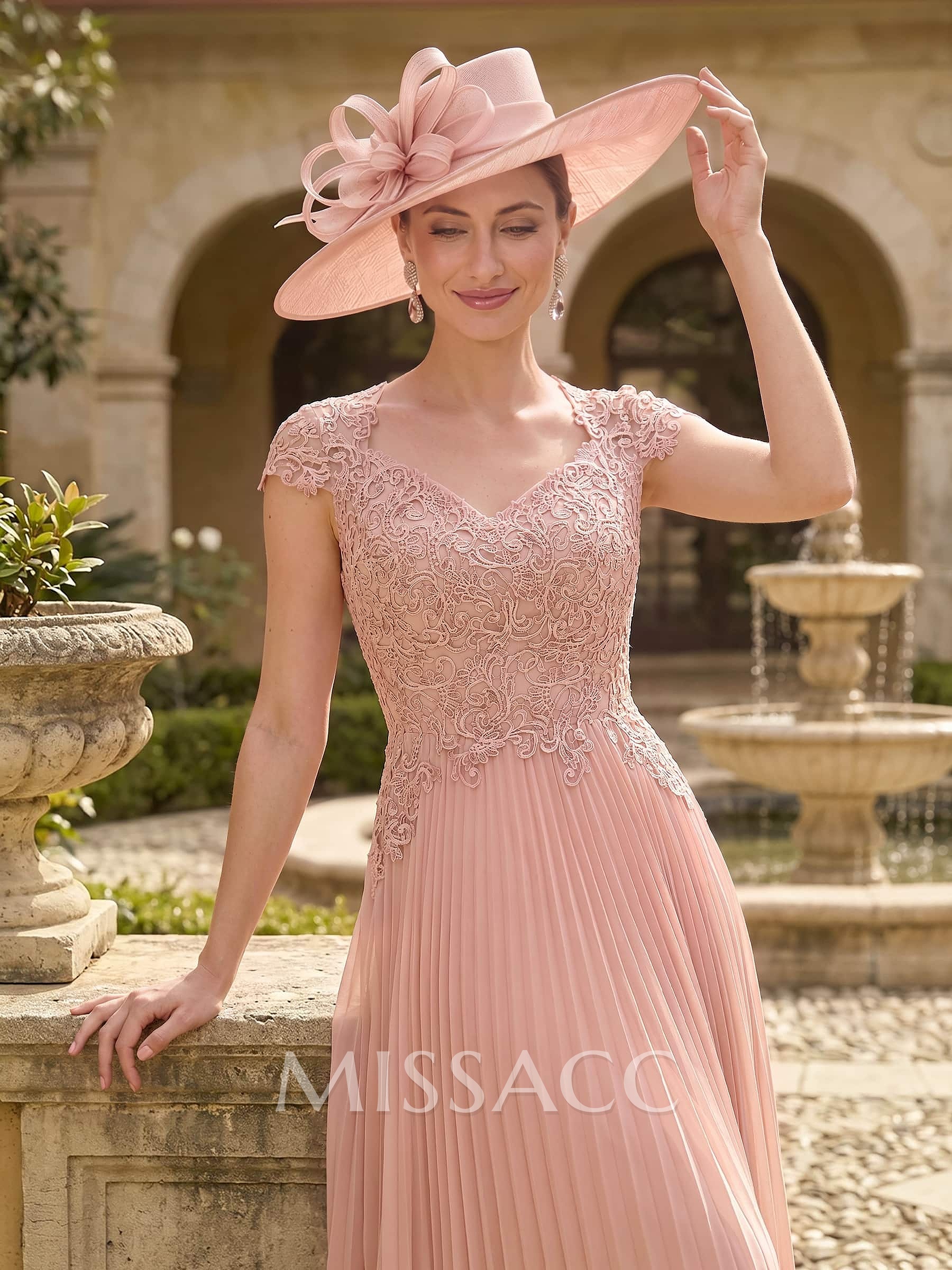 A-Line Sweetheart Short Sleeves Ankle-Length Chiffon Mother Of The Bride Dresses With Pleated/Appliques Lace