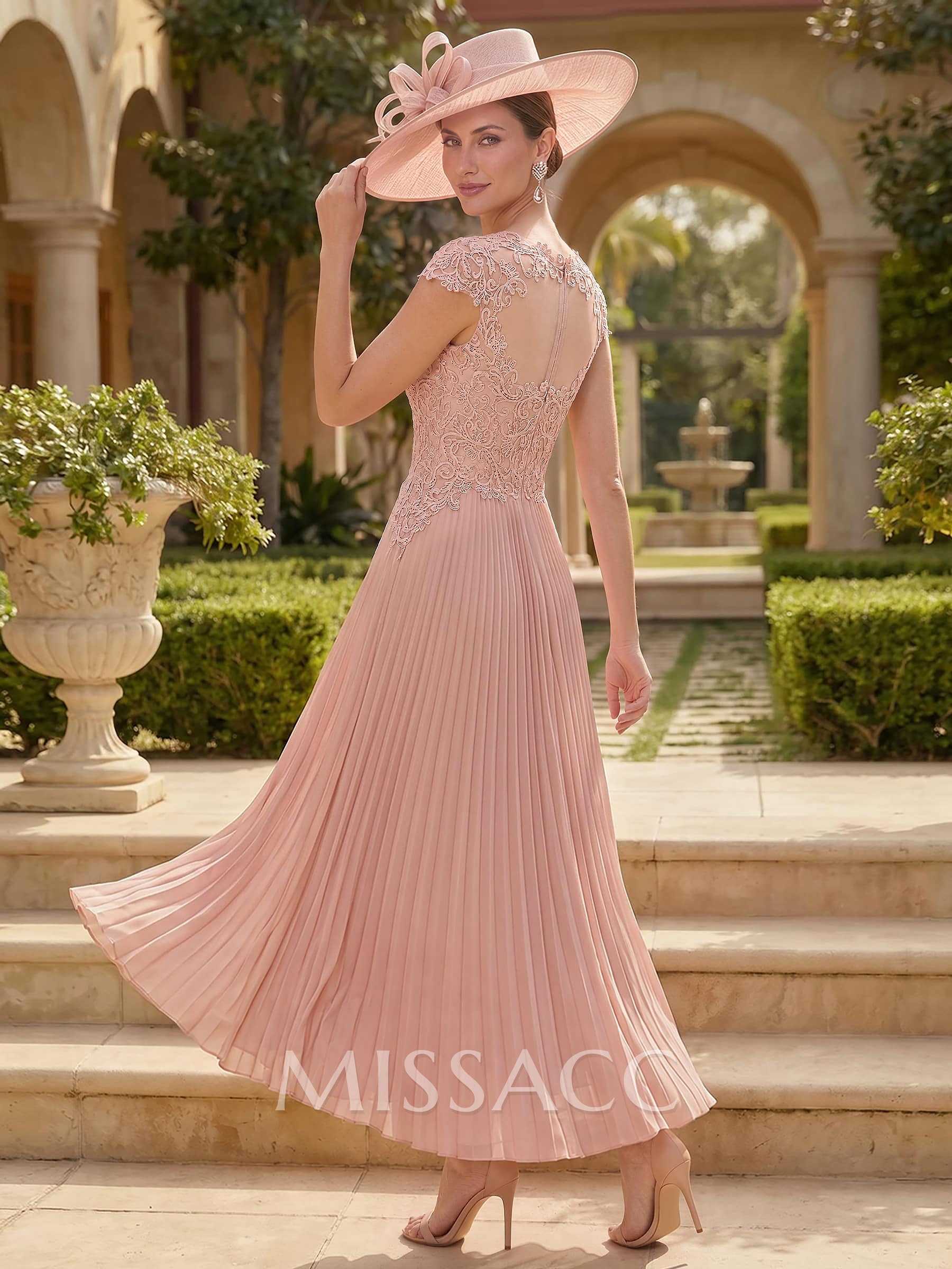 A-Line Sweetheart Short Sleeves Ankle-Length Chiffon Mother Of The Bride Dresses With Pleated/Appliques Lace
