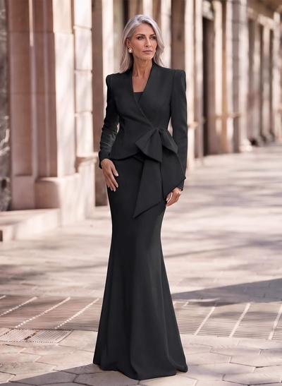 Trumpet/Mermaid V-Neck Long Sleeves Sweep Train Elastic Satin Mother Of The Bride Dresses With Bow(s)