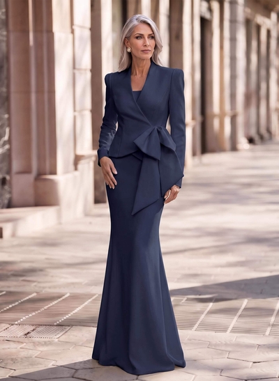 Trumpet/Mermaid V-Neck Long Sleeves Sweep Train Elastic Satin Mother Of The Bride Dresses With Bow(s)