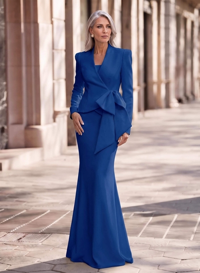 Trumpet/Mermaid V-Neck Long Sleeves Sweep Train Elastic Satin Mother Of The Bride Dresses With Bow(s)