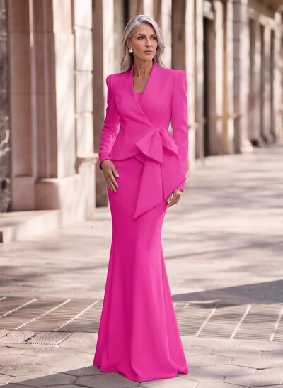 Trumpet/Mermaid V-Neck Long Sleeves Sweep Train Elastic Satin Mother Of The Bride Dresses With Bow(s)
