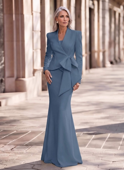 Trumpet/Mermaid V-Neck Long Sleeves Sweep Train Elastic Satin Mother Of The Bride Dresses With Bow(s)