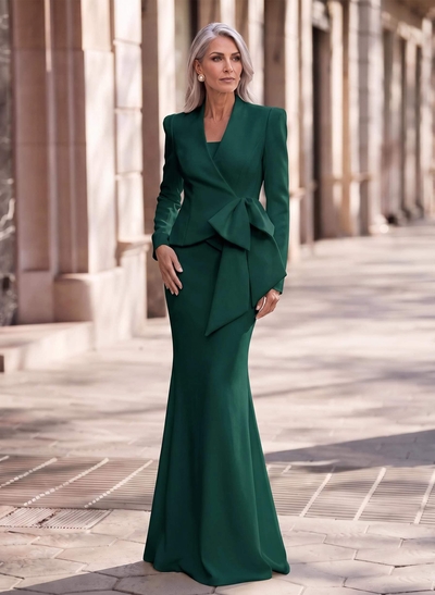 Trumpet/Mermaid V-Neck Long Sleeves Sweep Train Elastic Satin Mother Of The Bride Dresses With Bow(s)