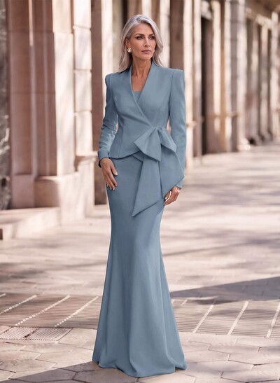 Trumpet/Mermaid V-Neck Long Sleeves Sweep Train Elastic Satin Mother Of The Bride Dresses With Bow(s)