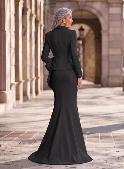 Trumpet/Mermaid V-Neck Long Sleeves Sweep Train Elastic Satin Mother Of The Bride Dresses With Bow(s)