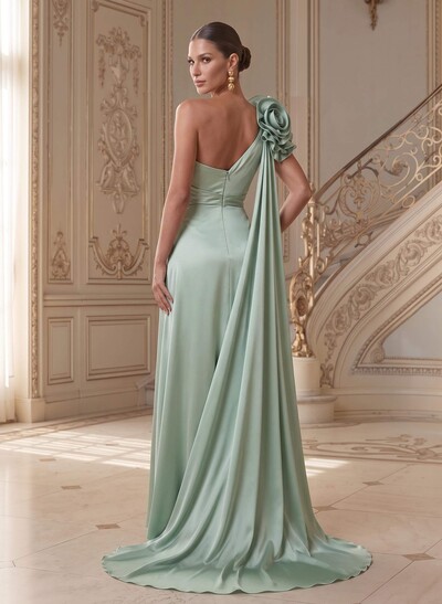 Sheath/Column One-Shoulder Sleeveless Floor-Length Satin(Non-Stretch) Mother Of The Bride Dresses With Flower(s)