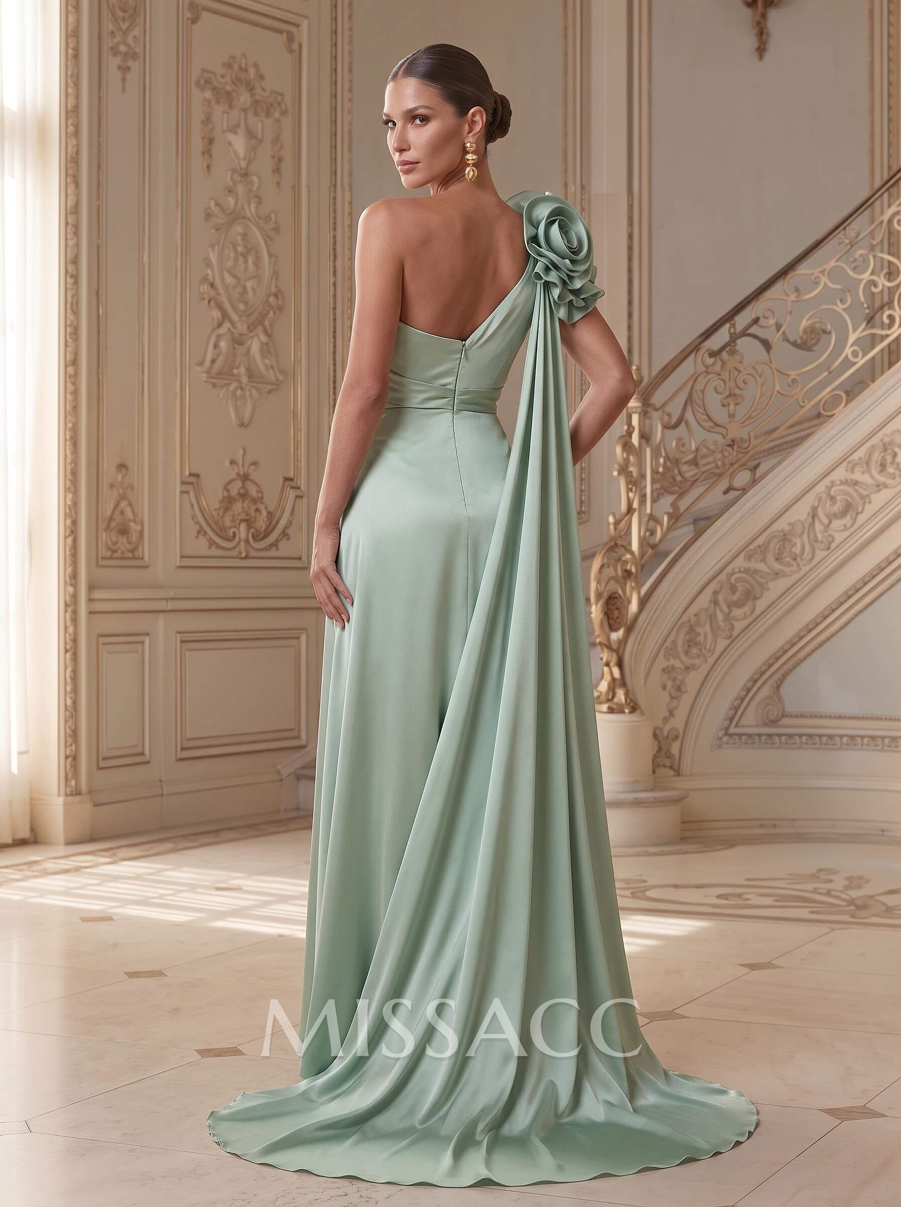 Sheath/Column One-Shoulder Sleeveless Floor-Length Satin(Non-Stretch) Mother Of The Bride Dresses With Flower(s)