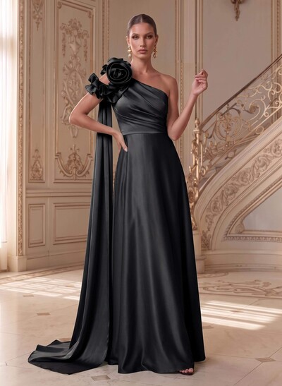 Sheath/Column One-Shoulder Sleeveless Floor-Length Satin(Non-Stretch) Mother Of The Bride Dresses With Flower(s)