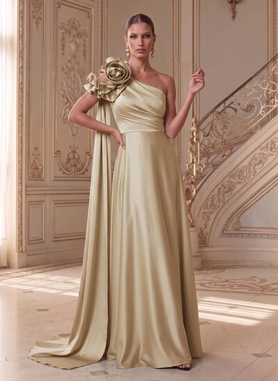 Sheath/Column One-Shoulder Sleeveless Floor-Length Satin(Non-Stretch) Mother Of The Bride Dresses With Flower(s)