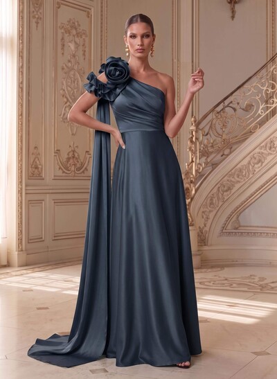 Sheath/Column One-Shoulder Sleeveless Floor-Length Satin(Non-Stretch) Mother Of The Bride Dresses With Flower(s)