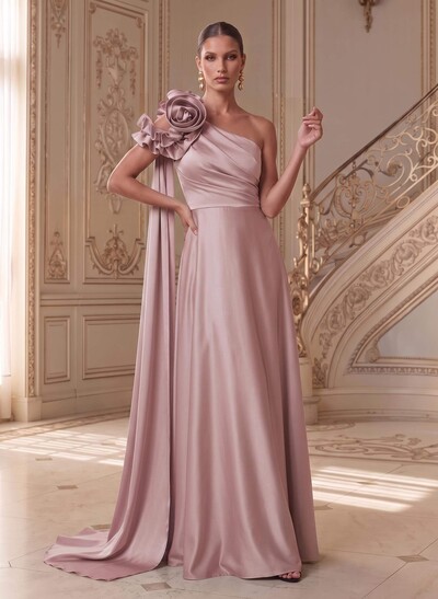 Sheath/Column One-Shoulder Sleeveless Floor-Length Satin(Non-Stretch) Mother Of The Bride Dresses With Flower(s)