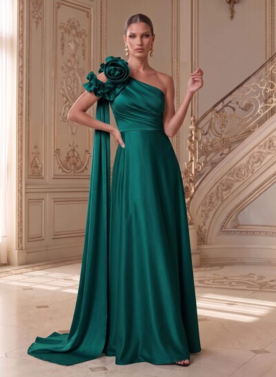 Sheath/Column One-Shoulder Sleeveless Floor-Length Satin(Non-Stretch) Mother Of The Bride Dresses With Flower(s)