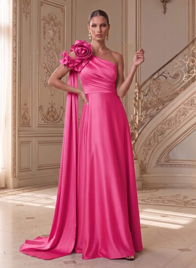 Sheath/Column One-Shoulder Sleeveless Floor-Length Satin(Non-Stretch) Mother Of The Bride Dresses With Flower(s)