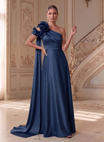 Sheath/Column One-Shoulder Sleeveless Floor-Length Satin(Non-Stretch) Mother Of The Bride Dresses With Flower(s)