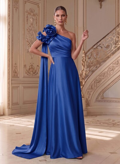 Sheath/Column One-Shoulder Sleeveless Floor-Length Satin (Non-Stretch) Mother of the Bride Dress with Flowers