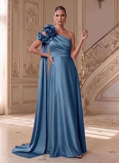 Sheath/Column One-Shoulder Sleeveless Floor-Length Satin(Non-Stretch) Mother Of The Bride Dresses With Flower(s)