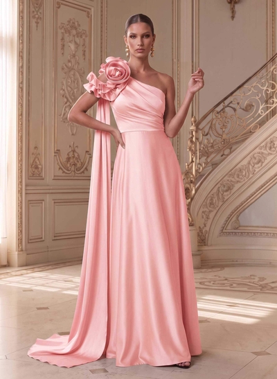 Sheath/Column One-Shoulder Sleeveless Floor-Length Satin(Non-Stretch) Mother Of The Bride Dresses With Flower(s)