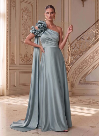 Sheath/Column One-Shoulder Sleeveless Floor-Length Satin(Non-Stretch) Mother Of The Bride Dresses With Flower(s)