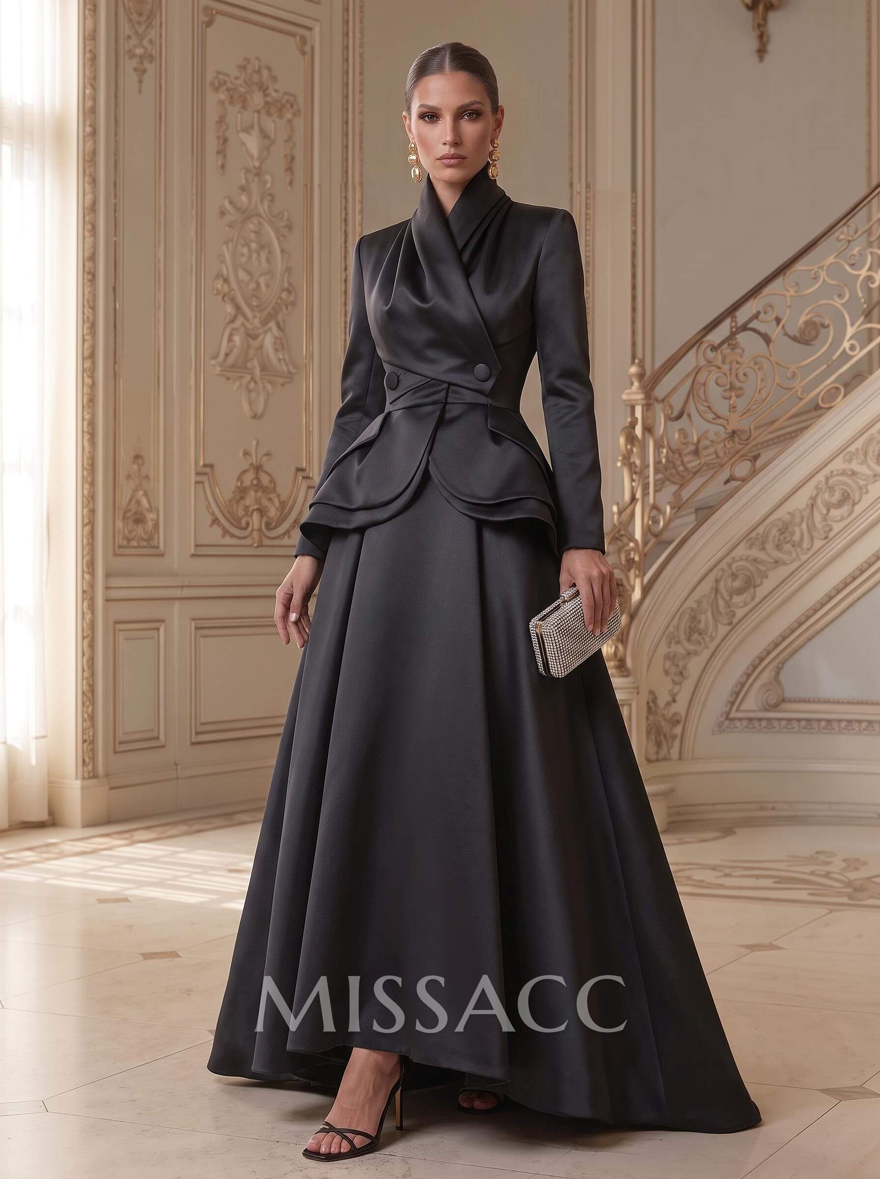A-Line V-Neck Long Sleeves Asymmetrical Satin Mother Of The Bride Dresses