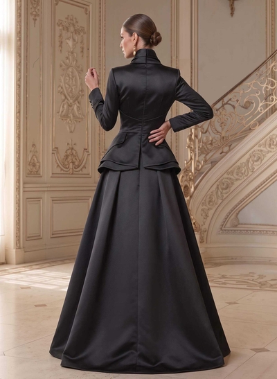 A-Line V-Neck Long Sleeves Asymmetrical Satin Mother Of The Bride Dresses