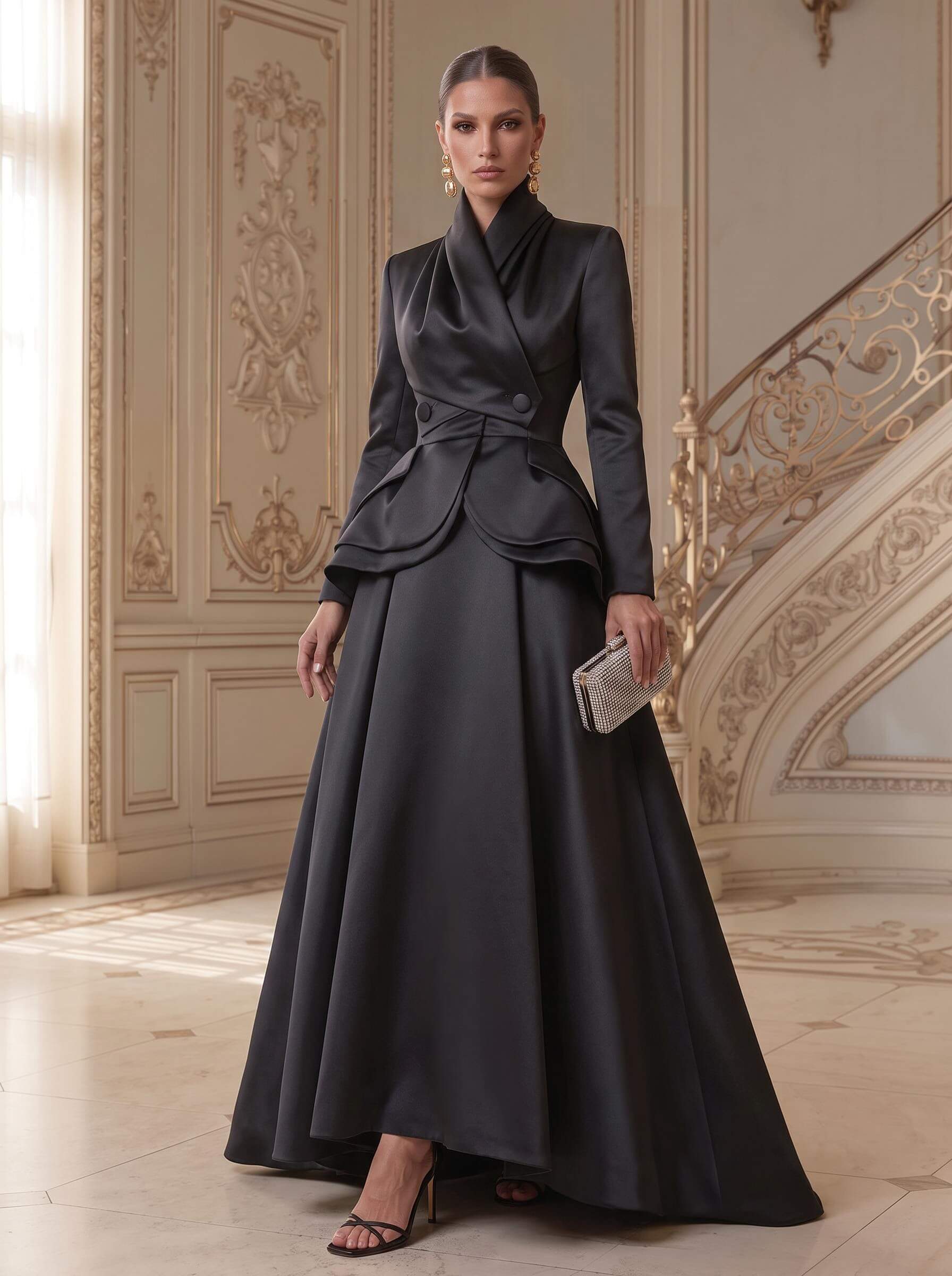 A-Line V-Neck Long Sleeves Asymmetrical Satin Mother Of The Bride Dresses