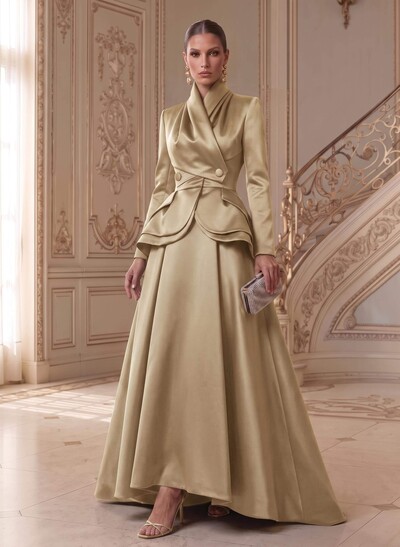 A-Line V-Neck Long Sleeves Asymmetrical Satin Mother Of The Bride Dresses