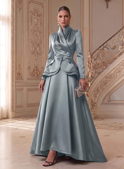 A-Line V-Neck Long Sleeves Asymmetrical Satin Mother Of The Bride Dresses